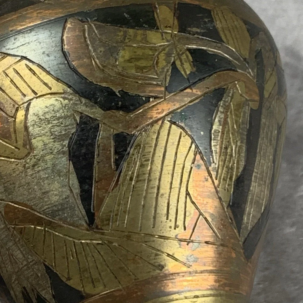 Vintage Mixed Metal Small Vase Egyptian‎ Style Copper Brass 4 Inches Tall Patina